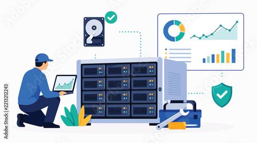 IT technician monitoring server rack with data analytics on screen