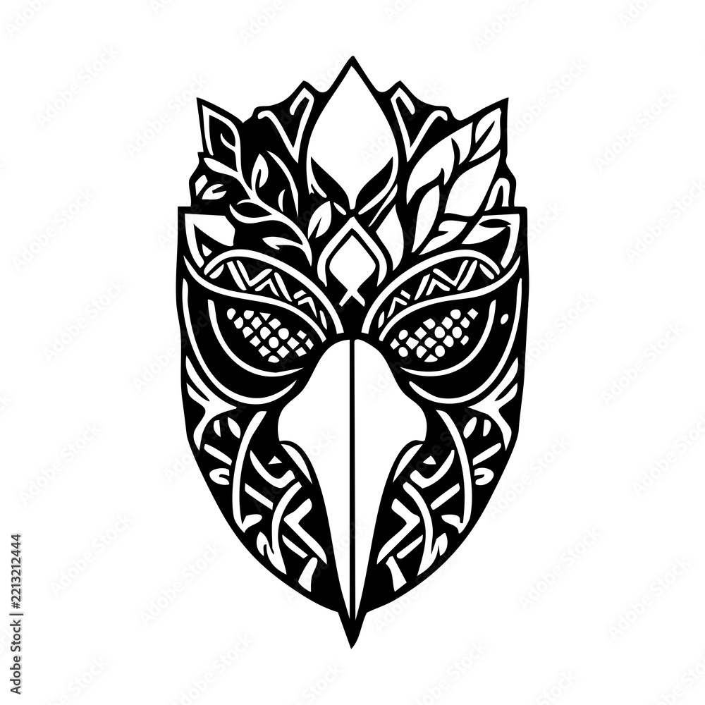 Fototapeta premium Raven mask tribal tattoo design featuring decorative bird head ornament with ethnic floral leaves line art isolated on white background