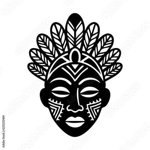 Tribal mask silhouette icon with feather headdress and traditional ethnic ornamental face markings isolated on white background