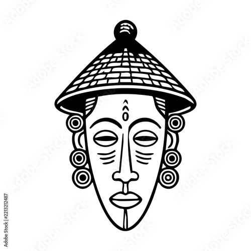 African tribal mask icon in minimal line art style featuring traditional pointed woven hat and decorative facial markings isolated on white background
