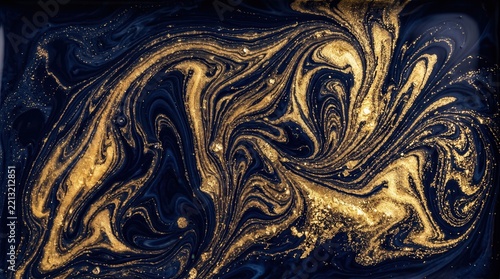 Abstract macro liquid marble texture, fluid art blending dark navy blue and sparkling gold, luxury background, high contrast, elegant wallpaper,123