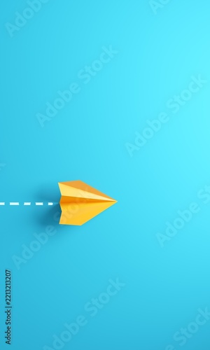 Yellow paper plane flying across a vibrant light blue background with a dotted path representing progress and creative vision