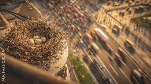 Bird nest on a bustling city rooftop view.
