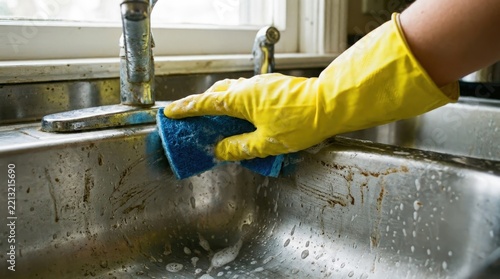 Person in yellow gloves cleaning a dirty kitchen sink