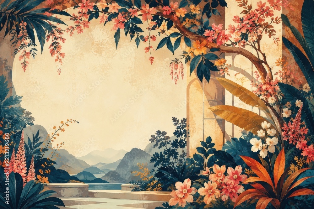 Fototapeta premium Vintage botanical garden balcony overlooking misty mountain landscape
