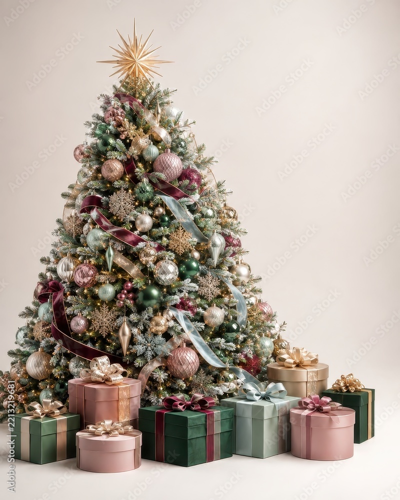 Fototapeta premium Elegant decorated Christmas tree with pastel gift boxes