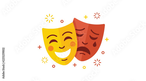 Vibrant comedy and tragedy theater masks vector illustration featuring expressive yellow and red facial features