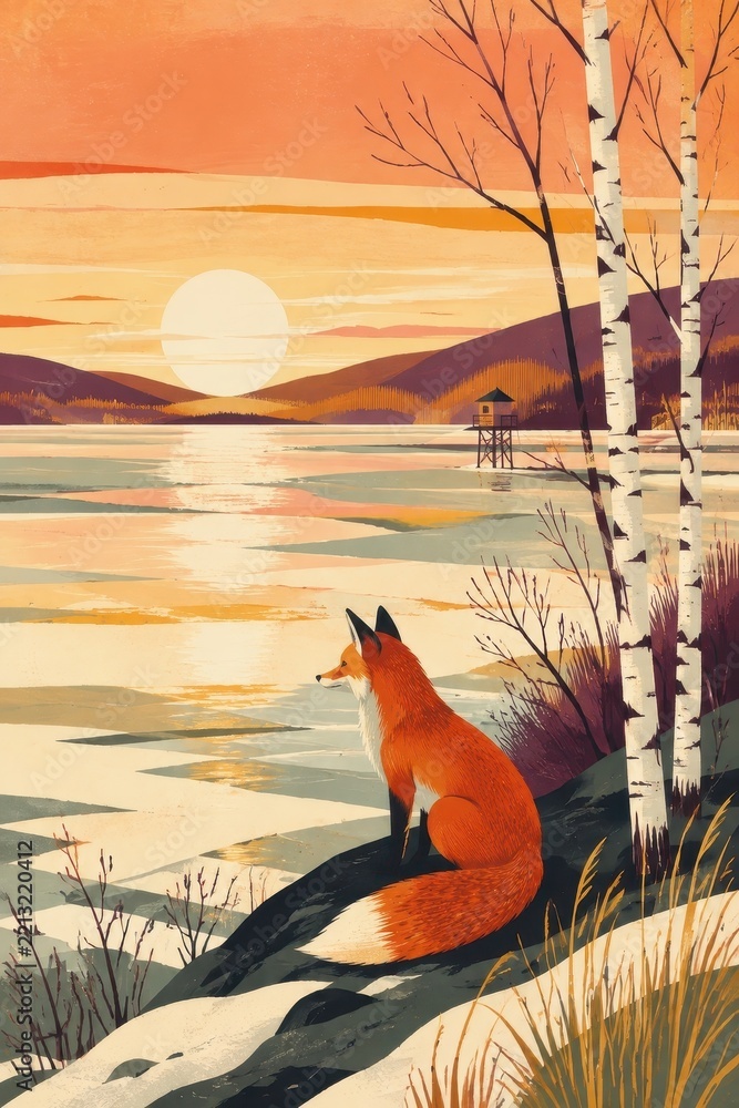 Fototapeta premium Red fox beside a tranquil sunset lake in a birch forest