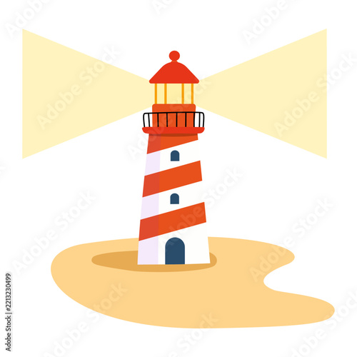 Lighthouse by the Sea with Beacon Light, Coastal Navigation Illustration