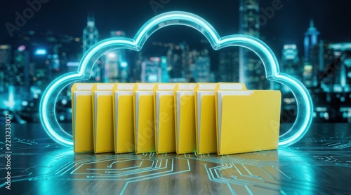 Yellow file folders arranged under a glowing neon cloud on a circuit board background