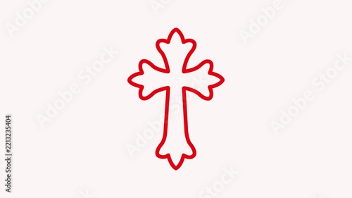 Red outline of a stylized Christian cross with rounded lobes on a pale pink background