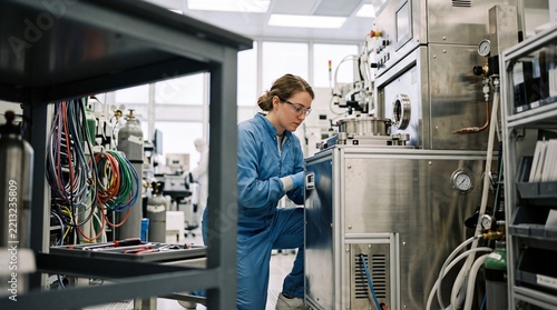 Semiconductor technician at industrial workstation in low angle ground level shot