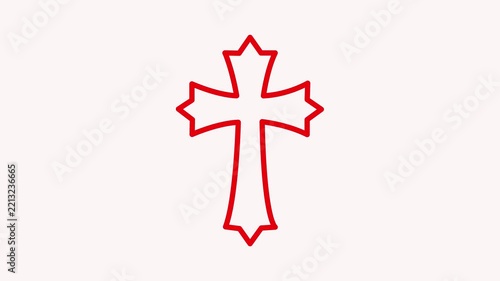 Red line of a pointed Christian cross with star-like arms on a light pink backdrop