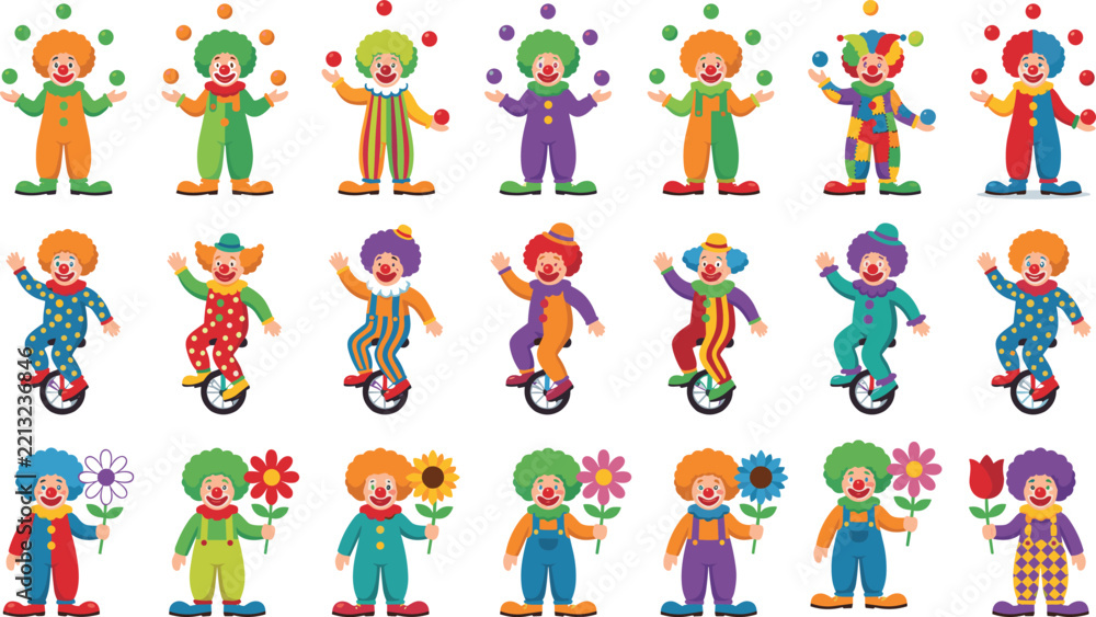 Fototapeta premium Cute Circus Clown Character Vector Icon Set Featuring Funny Juggling Unicycle Riding and Flower Holding Poses for Kids Birthday and Entertainment Designs