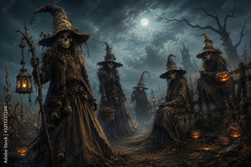 Fototapeta premium Moonlit haunted scarecrows guard eerie Halloween village path