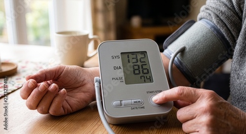 Hand Checking Blood Pressure Monitor at Home