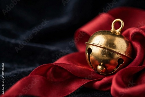 Golden Christmas bell on red cloth.