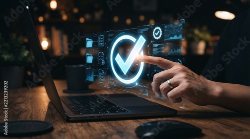 Professional pointing at a virtual holographic check mark symbol indicating successful compliance and digital approval.