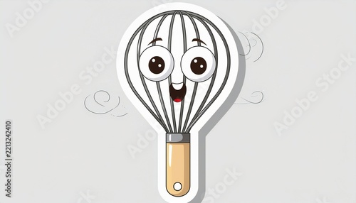Funny dizzy whisk cartoon character spinning in circles, cute wobbly kitchen tool sticker illustration