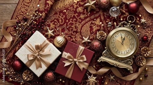 Luxury Christmas gifts with gold clock on burgundy background