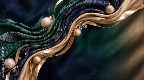 Abstract luxury gold ribbon waves on deep green festive background