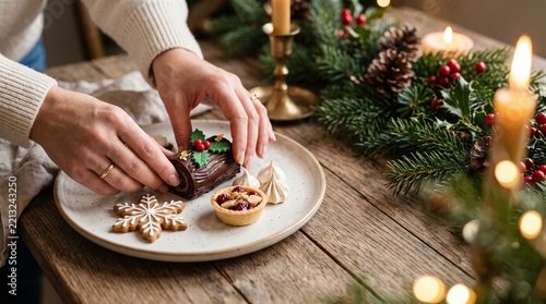 Christmas table setting with hands preparing festive holiday meal