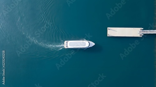 Aerial Top-Down View of a Single Autonomous Water Shuttle Approaching a Clean Dock