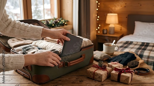 Hands wrapping Christmas gifts at a cozy holiday table