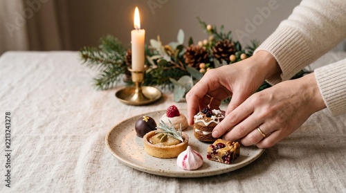 Hands arranging Christmas breakfast plate with festive decorations