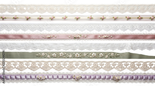 Collection of various decorative lace ribbons and trims isolated on transparent background