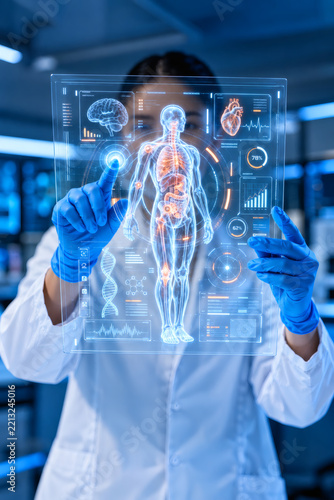 Scientist interacting with futuristic holographic display of human anatomy and medical data representing advanced healthcare technology and research