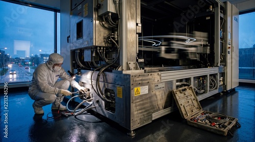 Technician repairing photolithography machine base in industrial factory