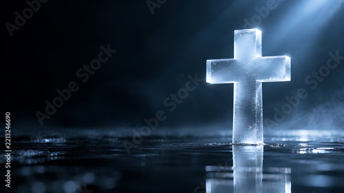 Minimalist frosted glass Christian cross standing in a shallow pool of dark still water