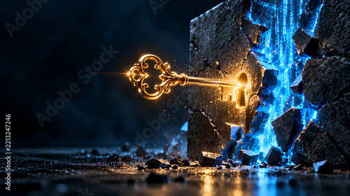 Glowing gold antique key unlocking a stone block revealing digital data streams