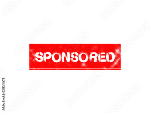 Sponsored text in white distressed font on a solid rectangular red background, isolated against a, deep black background, for web advertisements isolated on a transparent background