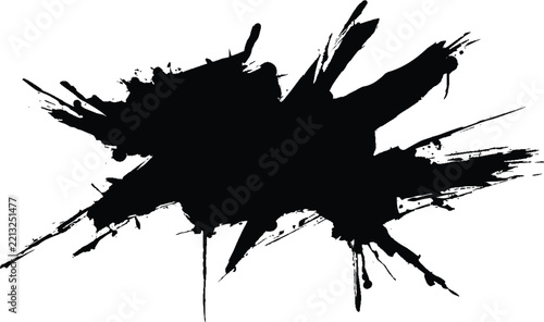 Large black ink splatter with sharp jagged edges and drips on white grunge  background