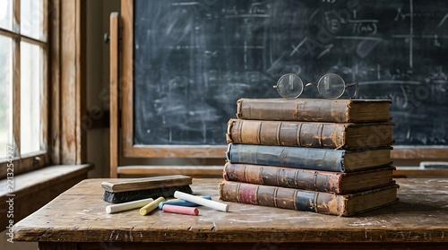 Vintage books and glasses on rustic desk near chalkboard.