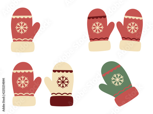 Cute vector mittens with snowflake patterns and cozy winter designs for seasonal greeting cards and holiday graphics