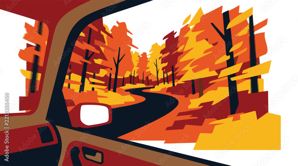 Fototapeta premium A cinematic POV driving shot, looking out the side window of a car at a winding autumn forest road, fast-moving stylized trees in warm orange and red hues, flat vector illustration, minimalist