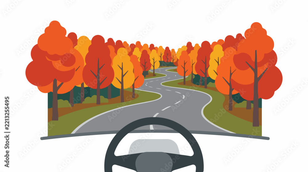 Fototapeta premium A flat vector illustration depicting a POV driving perspective on a winding autumn forest road, looking past a minimalist unbranded steering wheel, colorful stylized fall trees in shades of