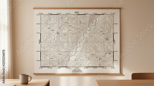 Framed topographic map hanging on a minimalist room wall.