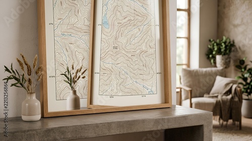 Framed topographic maps on a desk in modern room.