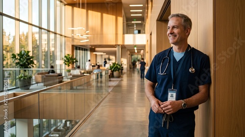 Doctor in blue scrubs standing in modern hospital lobby.