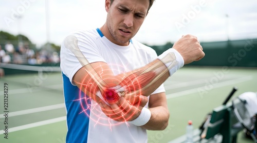 Athlete suffering from tennis elbow with glowing pain indicator.