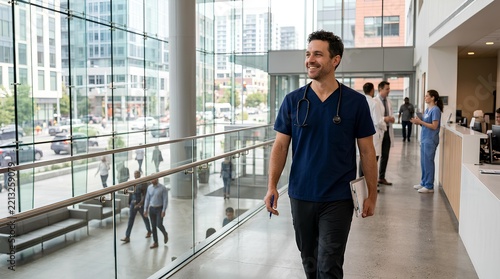Doctor walking in modern glass wall hospital corridor.