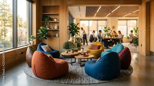Sunlit collaborative office space with bean bags and plants.