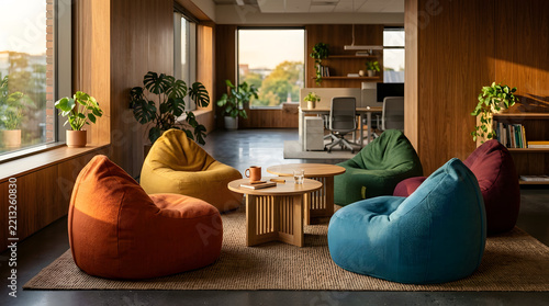 Sunlit office lounge featuring comfortable colorful bean bag chairs.