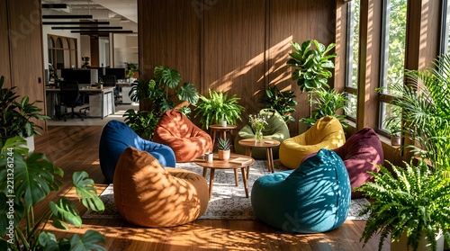 Sunlit office lounge filled with lush green indoor plants.