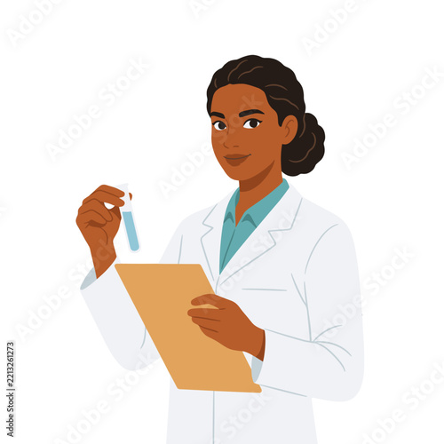 A female scientist in a lab coat holding a test tube and a clipboard.