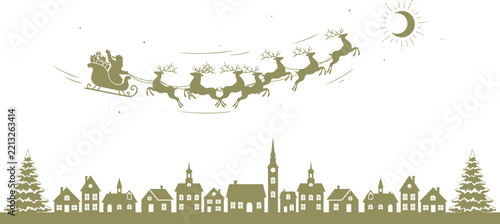 Santa Claus with reindeer sleigh flying over village silhouette during twilight with crescent moon and stars